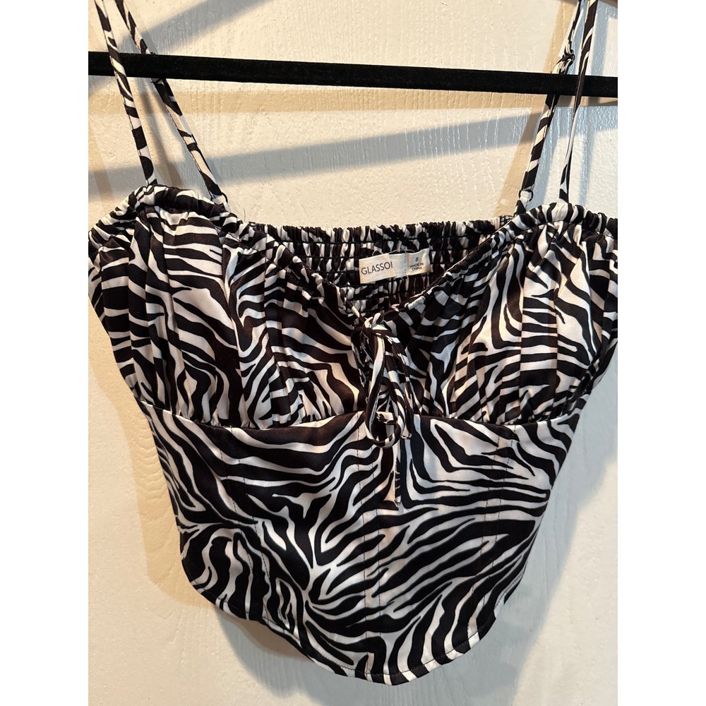 Glassons Zebra Print Corset Cami Top Black White Smocked Back Size 8